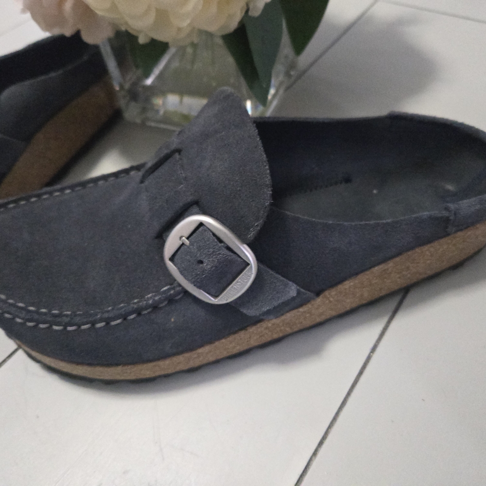 Birkenstock Unisex Blue/Gray Suede Buckle Clog Sandals - Picture 2 of 7